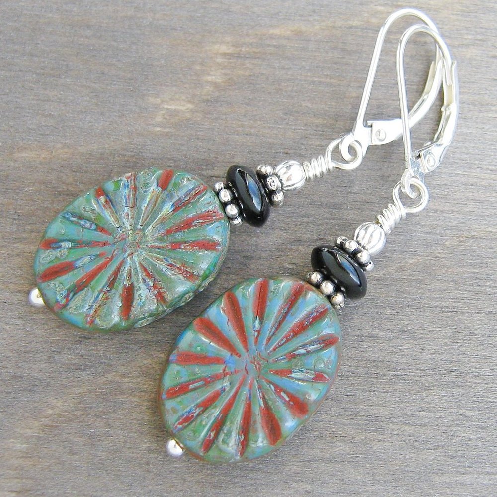 Southwest Western Earrings Black Onyx Sterling Silver Sunburst Leverback Dangle - Picture 5 of 9